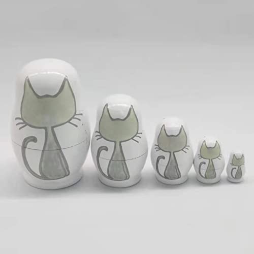 BQZJ Creativo Juego de 5 Piezas de Dibujos Animados Lindo Gato Matryoshka muñecas Rusas de anidación Matrioska de Madera Babushka Navidad/cumpleaños/Regalo de la Madre Juguete para niños Regalo