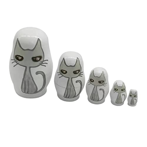 BQZJ Creativo Juego de 5 Piezas de Dibujos Animados Lindo Gato Matryoshka muñecas Rusas de anidación Matrioska de Madera Babushka Navidad/cumpleaños/Regalo de la Madre Juguete para niños Regalo