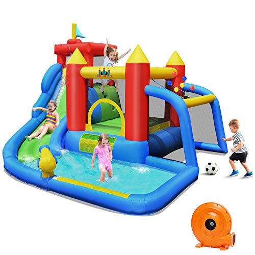 COSTWAY Castillo Hinchable con Tobogán para Niños con Soplador de 450 W Centro de Juego Piscina de Juegos con Kit de Reparación y Bolsa de Transporte para Parque Patio Jardín