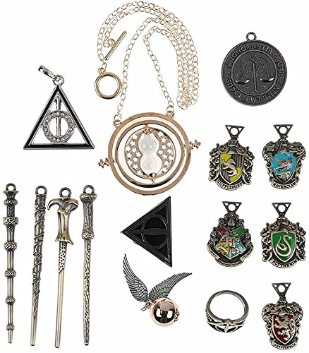 通用 Dilla Beauty - Juego de 15 palillos mágicos para niños con arma de metal para niños, juguete de Hermione Dumbledore con llavero, collar con caja de regalo