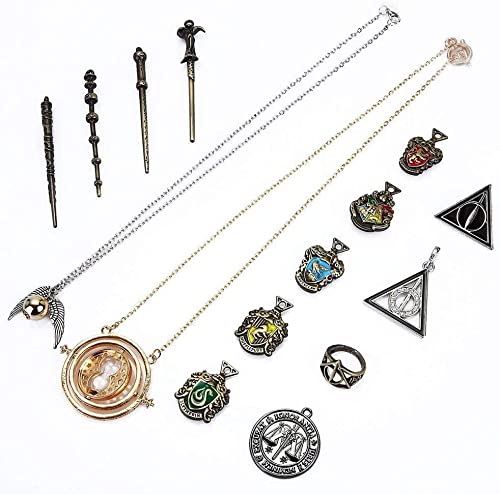 通用 Dilla Beauty - Juego de 15 palillos mágicos para niños con arma de metal para niños, juguete de Hermione Dumbledore con llavero, collar con caja de regalo