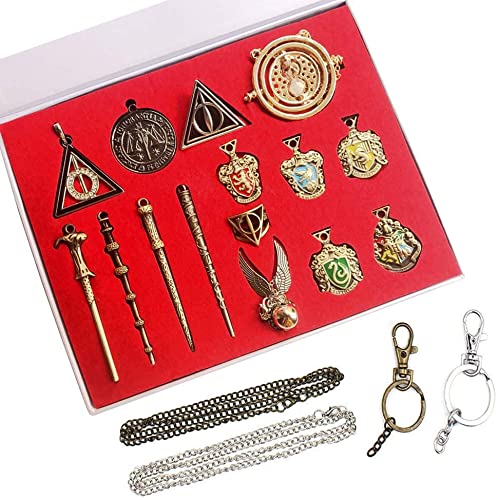 通用 Dilla Beauty - Juego de 15 palillos mágicos para niños con arma de metal para niños, juguete de Hermione Dumbledore con llavero, collar con caja de regalo