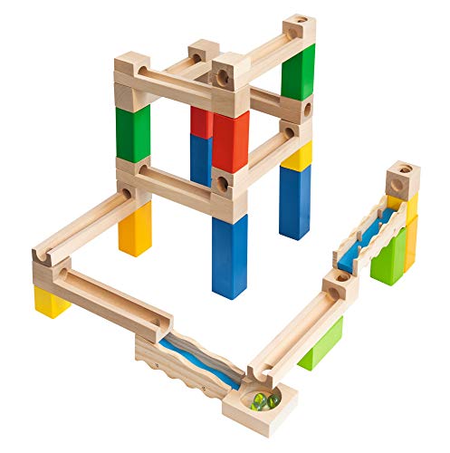 Eichhorn 100002023 - Juego de construcción de pilares de Madera de Pino (Incluye 2 rieles funcionales, columnas, Bolas, raíles, Bandeja colectora, Piezas de conexión, 35 Piezas)