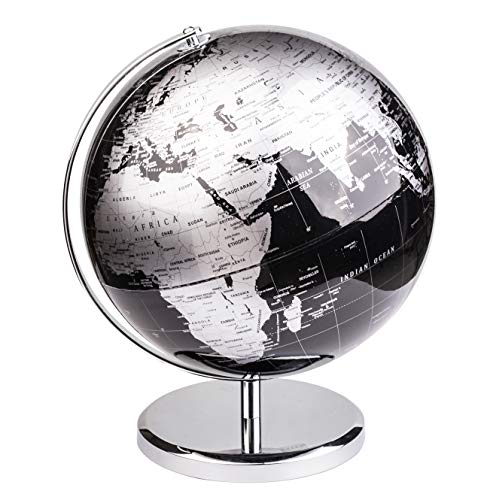 Exerz 25cm Globo Terráqueo - Mapa en Inglés - Decoración de Escritorio educativa/geográfica/Moderna - con una Base de Metal - Negro Metálico - Diámetro: 25cm