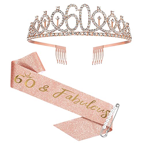 Fajín y tiara de oro rosa para el 60 cumpleaños para mujer, regalo de 60 cumpleaños para felices fiestas de 60 cumpleaños