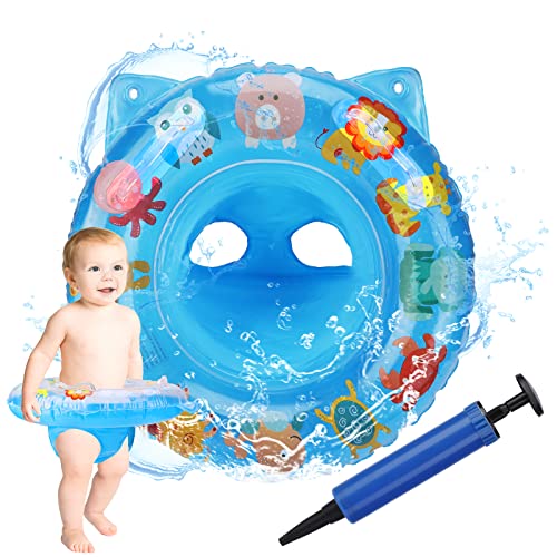 Flotador bebé con Asiento and Inflador, Anillo de Natación de Dibujos Animados Piscina Flotador Inflable para Niños Flotador de Natación Barca Niños Hinchable Nadar Entrenador Juguetes de Piscina,Azul