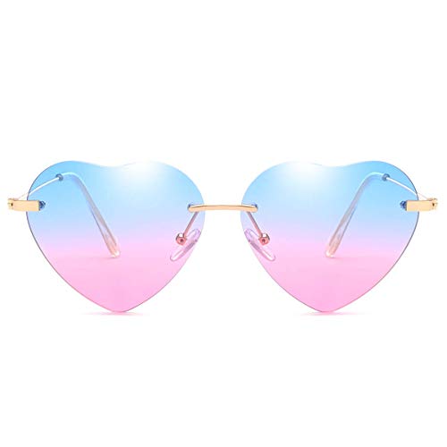 Gafas de sol con forma de corazón para mujer sin montura marco de metal delgadas gafas de sol en forma de corazón UV400, (Azul y rosa.), Convient à toutes les formois de visage