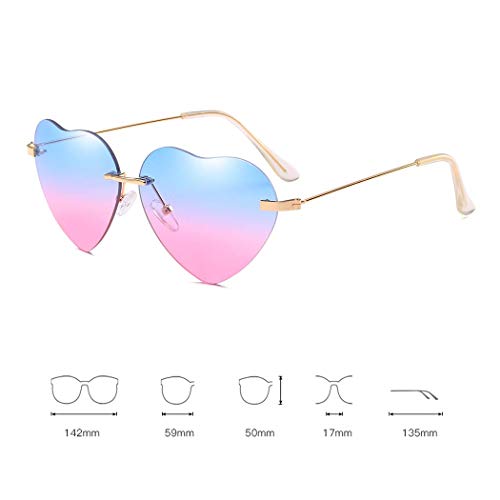 Gafas de sol con forma de corazón para mujer sin montura marco de metal delgadas gafas de sol en forma de corazón UV400, (Azul y rosa.), Convient à toutes les formois de visage