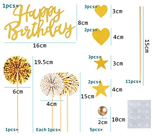 Happy Birthday Cake Toppers,Topper Cake Feliz Cumpleaños/Corazones Estrellas Cupcake Topper/Abanicos de Papel Globos Cake Topper,Oro Decoración para Tartas de Cumpleaños para Niña Chico Mujer Hombre