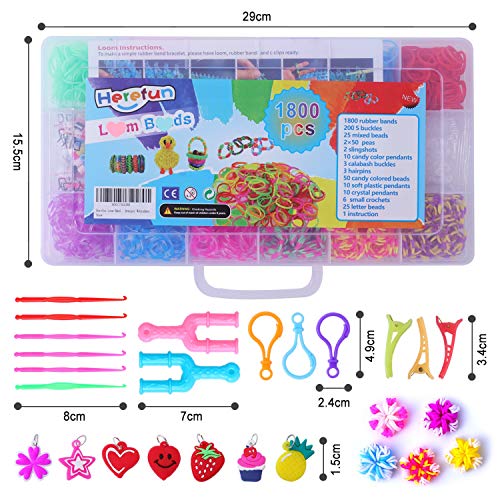 Herefun 1800Pcs DIY de Goma Kit, Goma de Colores Caja Pulseras Gomas con Colgante Cuentas Marcos de Telar Herramientas de Tejer Brazaletes y Lom Juguete Juego Creativo para Niños