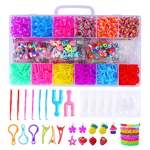 Herefun 1800Pcs DIY de Goma Kit, Goma de Colores Caja Pulseras Gomas con Colgante Cuentas Marcos de Telar Herramientas de Tejer Brazaletes y Lom Juguete Juego Creativo para Niños