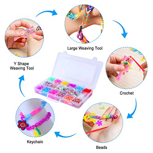 Herefun 1800Pcs DIY de Goma Kit, Goma de Colores Caja Pulseras Gomas con Colgante Cuentas Marcos de Telar Herramientas de Tejer Brazaletes y Lom Juguete Juego Creativo para Niños