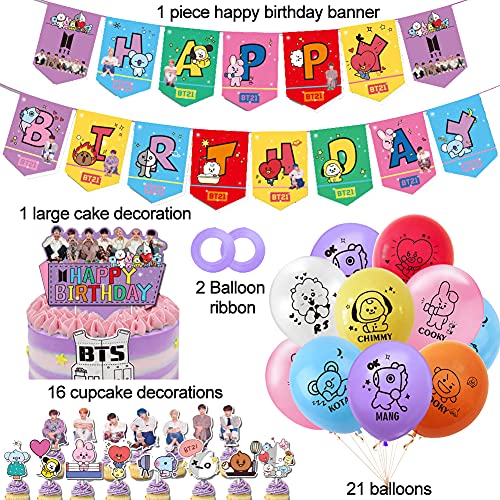 Hilloly Decoración para Fiestas Temáticas Globos, BTS Conjunto de Decoración de Cumpleaños , Globos de Látex Cupcake Toppers Pancarta de Fiesta para Decoración Chicos Niños (41 Piezas)