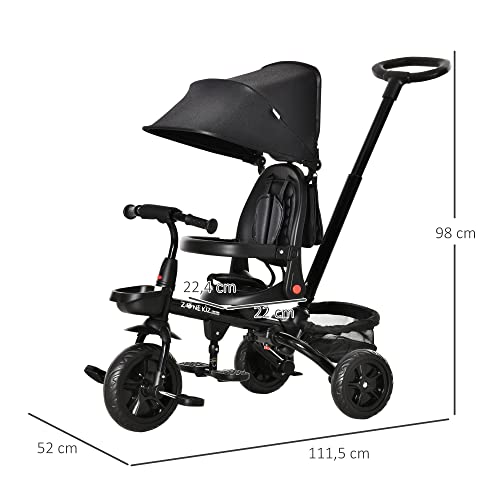 HOMCOM Triciclo Bebé 4 en 1 Bicicleta para Niños 1-5 Años con Asiento Giratorio Capota Ajustable Mango de Empuje Telescópico y Reposapiés Plegable 111,5x52x98 cm Negro