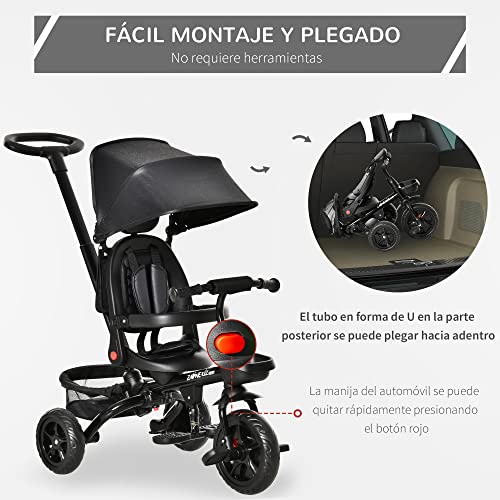 HOMCOM Triciclo Bebé 4 en 1 Bicicleta para Niños 1-5 Años con Asiento Giratorio Capota Ajustable Mango de Empuje Telescópico y Reposapiés Plegable 111,5x52x98 cm Negro