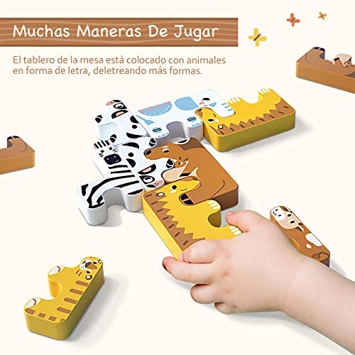 INPHER Juego de Bloque de Animales, Bloques de Construcción para Niños, Puzzles de Madera Educativos para Bebé, Dibujo de Animal con Placa,, Año Nuevo, Cumpleaños de Infantiles