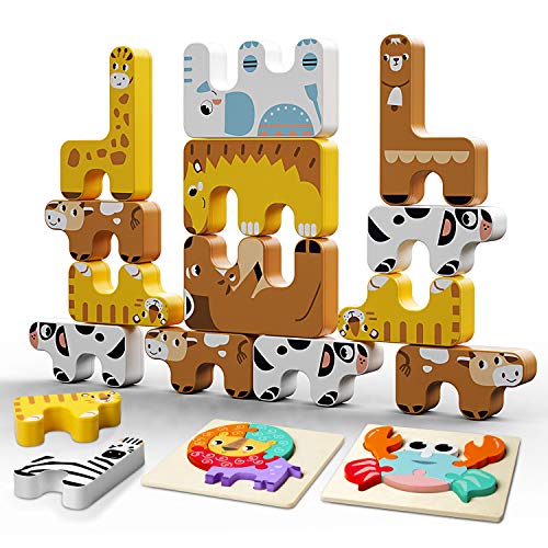 INPHER Juego de Bloque de Animales, Bloques de Construcción para Niños, Puzzles de Madera Educativos para Bebé, Dibujo de Animal con Placa,, Año Nuevo, Cumpleaños de Infantiles