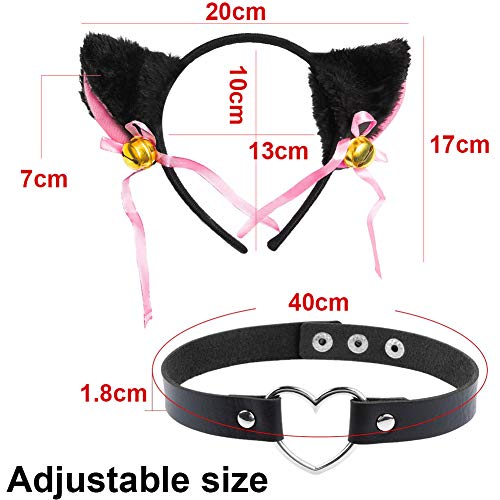 JAHEMU Disfraz de Gato Accesorio Diadema de Gato Zorro Orejas de Gato Zorro choker corazon para Mujer Niña Disfraces Fiesta Halloween Cumpleaños Cosplay, 2 Piezas