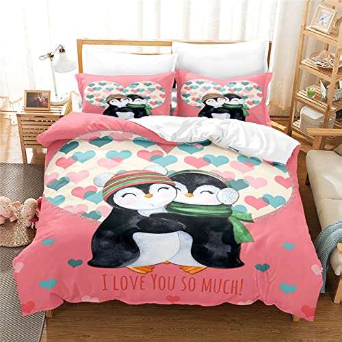 Juego De Ropa De Cama De 4 Piezas-Conjunto De Cuatro Piezas De Animales De Dibujos Animados Lindo Pingüino Impresión De Edredón Funda De Almohada Textiles Para El Hogar Para Una Sola Reina Tam