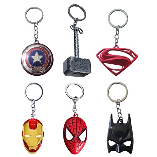 Llavero, 6piezas Marvel Fans Llavero Superhéroe ​The Avengers Llavero Martillo de Thor Máscara de Spiderman Iron Man Batman, Llaveros de Metal para Niños y Adultos Para regalos de fiesta