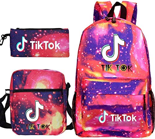 Mochila con Estampado TIK Tok Mochila Escolar para Estudiantes + Bolso pequeño + Estuche para bolígrafo Conjunto de Tres Piezas-C