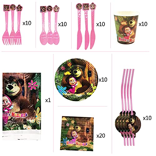 Nesloonp 81 Piezas Masha y el oso Tema Suministros Vajilla de Fiesta Set, Juego Vajilla Fiesta Cumpleaños Papel, Platos Mantel Servilletas Vajilla Cumpleaños Decoracion para 10 Niños