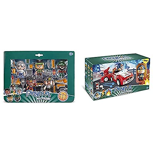 Pinypon Action Pack De 5 Figuras, Policía, Superhéroe, Científico, Ladrón Y Aventurero, Multicolor + Bombero Vehículos De Acción, para Niños Y Niñas A Partir De 4 Años Color/Modelo Surtido