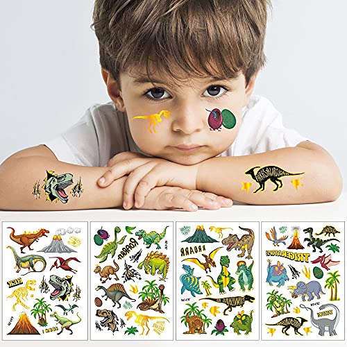 Tatuajes Temporales para Niños,Falso Tatuajes Pegatinas 4 Hojas Tatuajes a Prueba de Agua con Temática Dinosaurios para Niños Niñas Fiestas de Cumpleaños Regalo Navidad