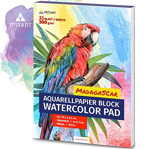 Tritart Papel de acuarela A3, 300 g, blanco, 35 hojas, bloc de acuarela A3