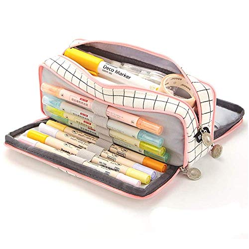 Voarge Estuche grande para lápices Boy Girl School Case, estuche con 3 compartimentos, para niños y adolescentes, multifuncional, para mujeres (rosa)