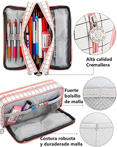 Voarge Estuche grande para lápices Boy Girl School Case, estuche con 3 compartimentos, para niños y adolescentes, multifuncional, para mujeres (rosa)