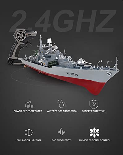 Warez Barco teledirigido de guerra destructor | Super-gran mando a distancia eléctrico, 1:115, 6,8 km/h, 2,4 GHz, modelo de barco militar para niños y adultos HT-2879B