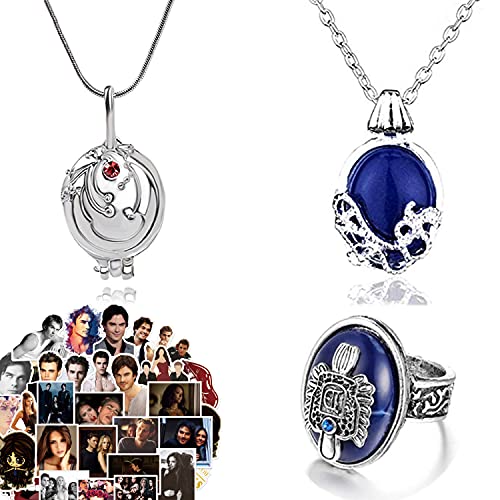 Zaky 28 piezas Vampiro Diaries Conjunto de Pegatinas Daywalking Katherine Sapphire Crystal Collares Pendientes Salvatore Damon Finger Family Crest Anillo Elena Verbena Apertura Charm Collar