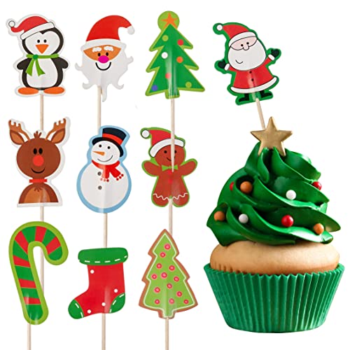 100 Toppers Cupcakes de Navidad, Decoración Magdalenas Pastel, Palillos Fiesta Navidad| ¡Árboles, Papá Noel, Muñeco de Nieve, Renos y Más! Colores Vibrantes, Resistente, Ecológico.