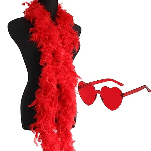 2 Piezas Boas De Plumas,con Gafas De Sol Sin Borde De Corazón,Boas De Plumas Rojas,Bufanda De Plumas para Decoración De Fiestas,para Fiestas De Carnaval, Bailes, Bodas, Juegos De rol, Halloween