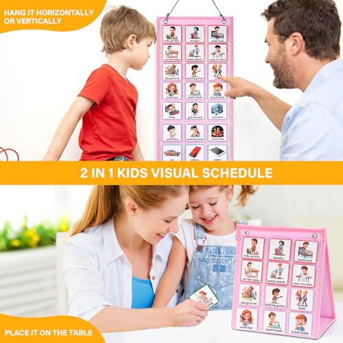 Achort Calendario Visual para niños 96 Tarjetas de tareas para niños pequeños, gráfico de tareas del planificador Visual para la Actividad Diaria de los niños horario Visual de Aprendizaje Rosa