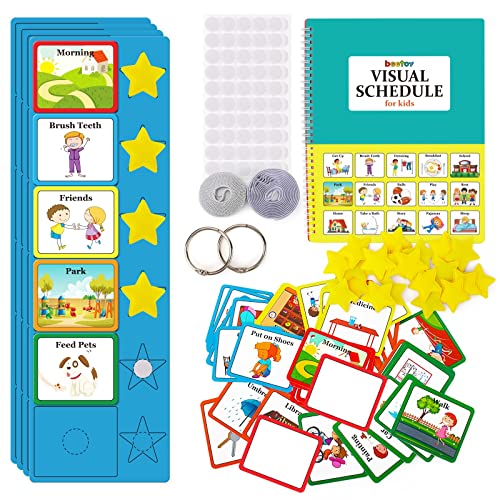 beetoy Horario visual, tarjetas de horario visual para niños con autismo, tabla de tareas del hogar, tarjetas de rutina, materiales de aprendizaje para autismo con 1 libro de horarios y 30 estrellas