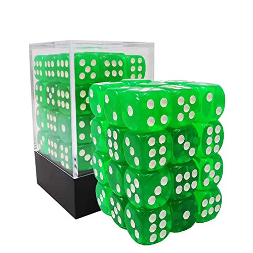 Bescon 12mm 6 Sided Dice 36 in Brick Box, 12mm Six Sided Die (36) Block of Dice, Translucent Green with White Pips