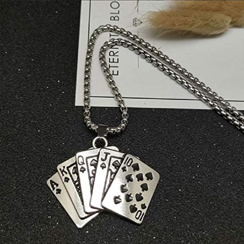 Collar escalera real para hombre, collar con cartas de póquer Flush, collar colgante con cartas de juego con cadena de 27,6 pulgadas, collar con amuleto de la suerte de Picche Royal Flush Poker