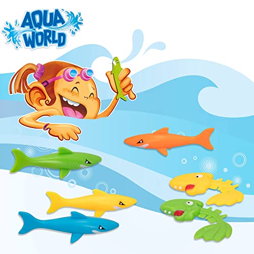 COLORBABY 49536, Set juguetes buceo 17 piezas, CB Toys, Juegos para bucear en el agua, Incluye 4 palos, 4 aros, 4 tiburones, 3 torpedos y 2 peces, Jugar en piscinas, Regalos y juguetes para niños