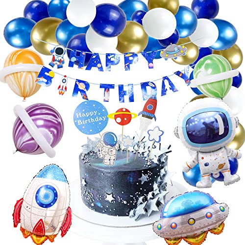 Decoraciones de Fiesta temáticas del Espacio Exterior, Astronaut Foil Balloon Espacial Cohete Globo con pancarta Happy Birthday, Tema de Astronauta Espacial Globos de Papel de Aluminio para Niño