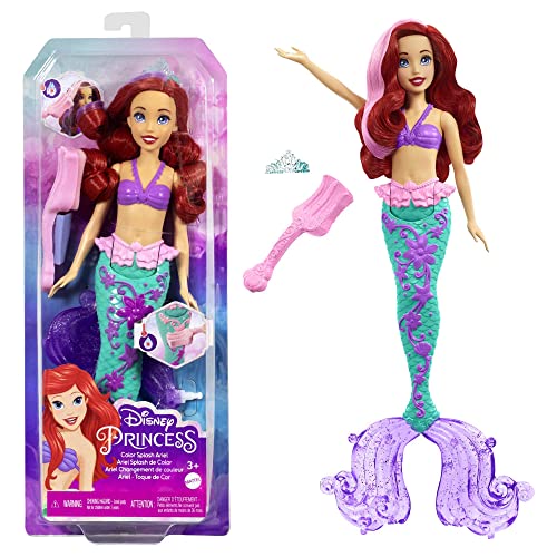 Disney, Princess Ariel Cambia de Color Muñeca Sirena Princesa, Pelo y Cola cambian de Color, Juguete a Partir de 3 años (Mattel HLW00)