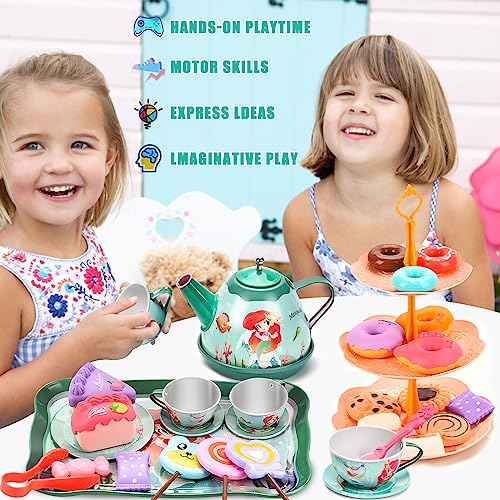 FAMKEEP 48PCS Juego de té Infantil, Juego de té Juguete con Postre Juguete, Accesorios Cocina Juguetes y Juegos de simulación de Cocina,Juguete Regalo para Niñas 3 4 5 6 7 años