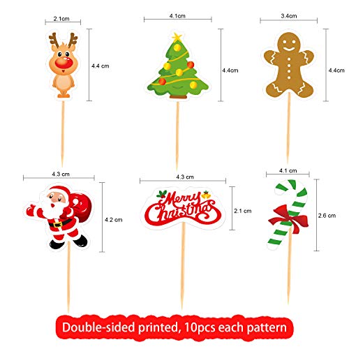 FEPITO 60 Piezas de Navidad Cupcake Toppers Selecciones Feliz Navidad Palillo de dientes Banderas para Decoraciones de Pastel de Navidad Fiesta de Navidad Suministros de vacaciones