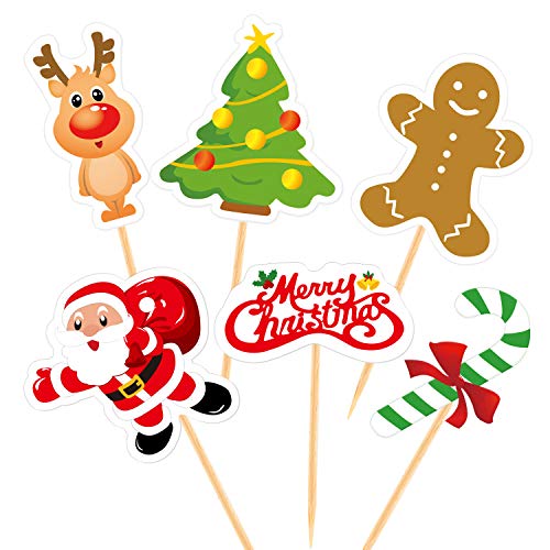 FEPITO 60 Piezas de Navidad Cupcake Toppers Selecciones Feliz Navidad Palillo de dientes Banderas para Decoraciones de Pastel de Navidad Fiesta de Navidad Suministros de vacaciones