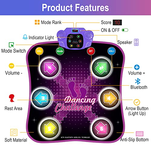 GARNHLOB Alfombra de Baile Niñas Bluetooth para 3 4 5 6 7 8 9 + Años Niños,Alfombra para Bailar Niña en Español, Inglés y Alemán,Musical Manta de Baile para Niños Juguetes con 6 LightFlechas 5 Modos