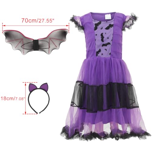 GEMVIE Disfraz de Murciélago Bruja para Niños，Disfraz de Vampirina para Halloween Vestido de Fiesta con Ala de Diadema de Murciélago 2-12 años (2-3 años)