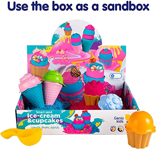 GenioKids 1 kg arena magica colorida - juego de arena cinetica para niños en 2 colores rosa y azul para con moldes para cupcakes y conos de helado de juguete. Arena kinetica niños