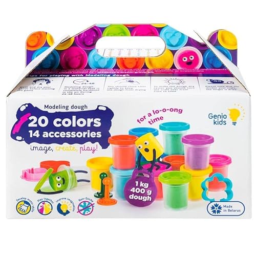 GenioKids Juego de Plastilina Niños de 1,4 kilo de Arcilla Niños con 14 Moldes Plastilina Accesorios de Plastilina – 20 Latas de Plastilina no toxica con 14 Herramientas para Niños