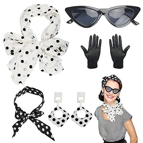 HAMOOM 5pcs Disfraz Cosplay 50s Halloween Gafas de Sol Los Años 50 Pendientes Mujer Pañuelo San Fermin Guantes Negros Vestidos Accesorio Vintage Retro Moda Años 50 Decoracion Retro Fiesta Carnaval.